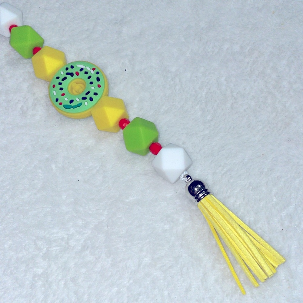 Donut Silicone Green & Yellow Beaded Keychain/Purse Charm - Picture 3 of 4